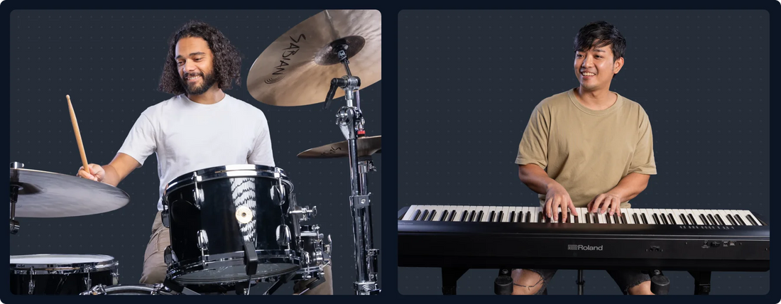 A split-screen lifestyle image showing two musicians: on the left, a man with curly hair playing a black drum kit, and on the right, a man in a beige t-shirt playing a Roland keyboard, both against a dark gray background.