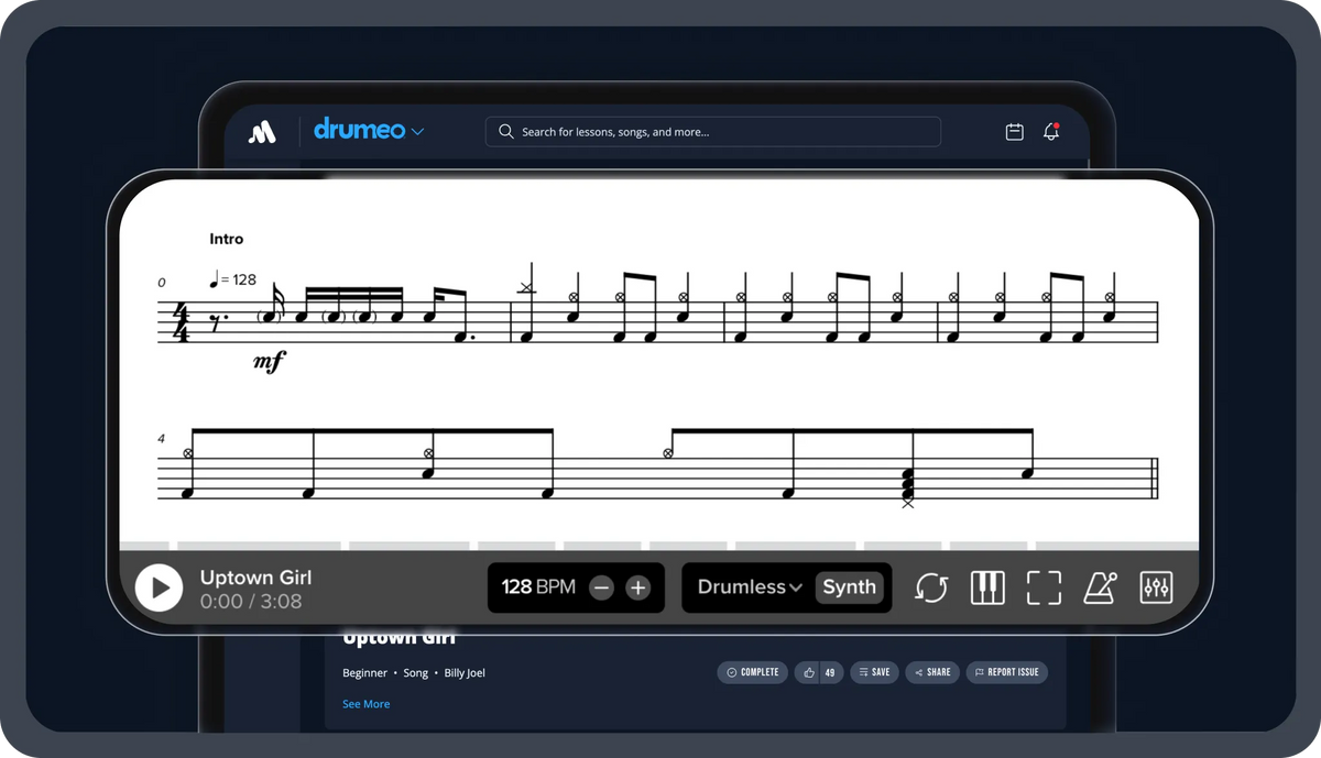 A digital screenshot of the Drumeo app showing sheet music and playback controls for the song 'Uptown Girl' on a dark interface background.