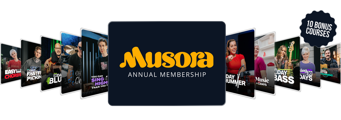 Musora annual membership card with various music genres displayed on a white background