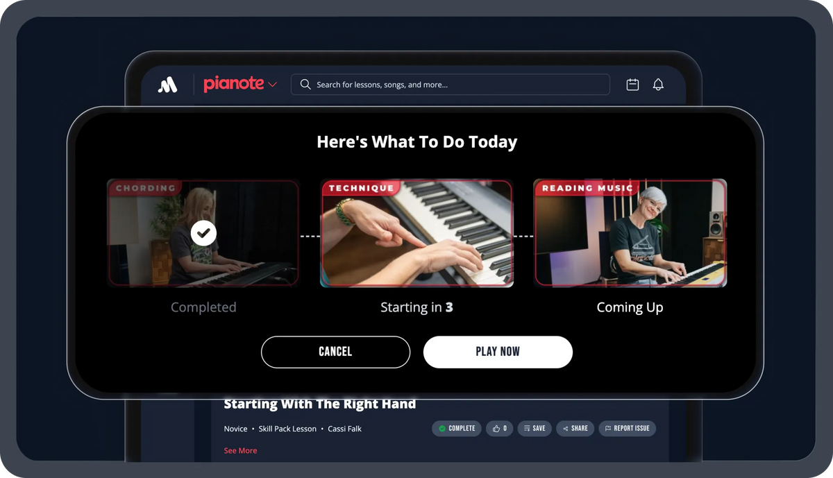 A promotional graphic for Pianote, showing a mobile app interface with a dark theme. The screen displays a 'Here's What To Do Today' section with three video lesson tiles labeled 'Chording', 'Technique', and 'Reading Music', alongside 'Completed', 'Starting in 3', and 'Coming Up' status badges.