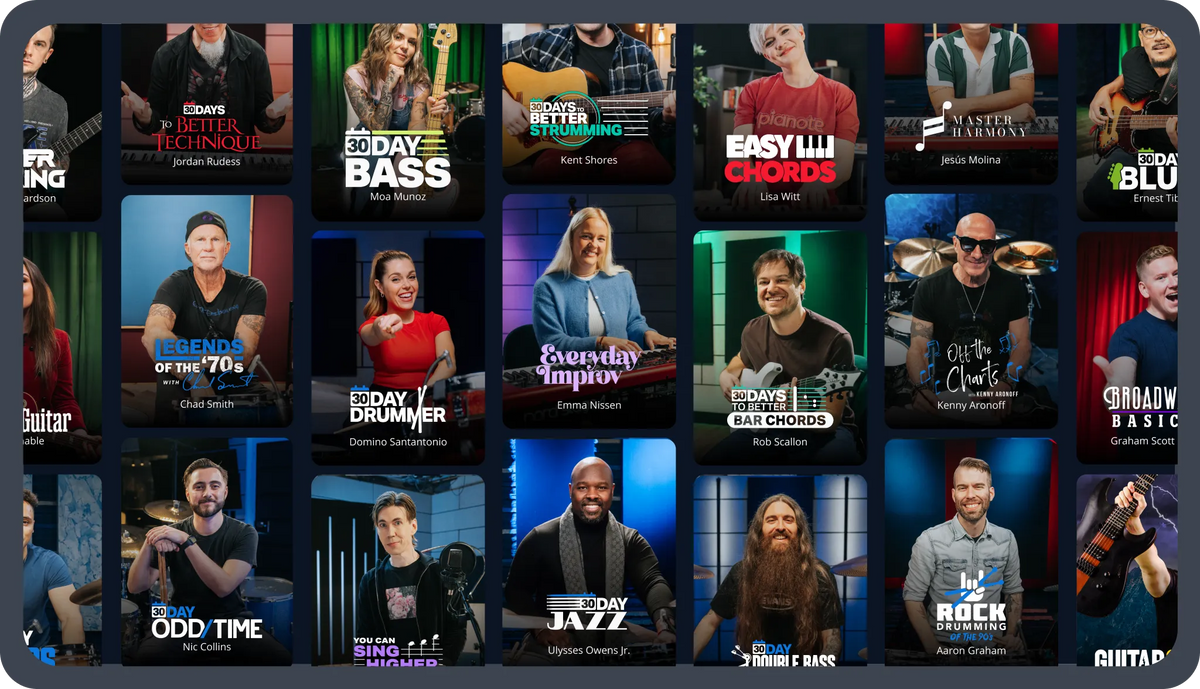 A grid of digital lesson thumbnails for a music learning platform, featuring various guitar instructors with photos, instrument imagery, and course titles such as 'EASY LU CHORDS,' 'JAZZ,' 'ROCK,' and 'BLUES.'.
