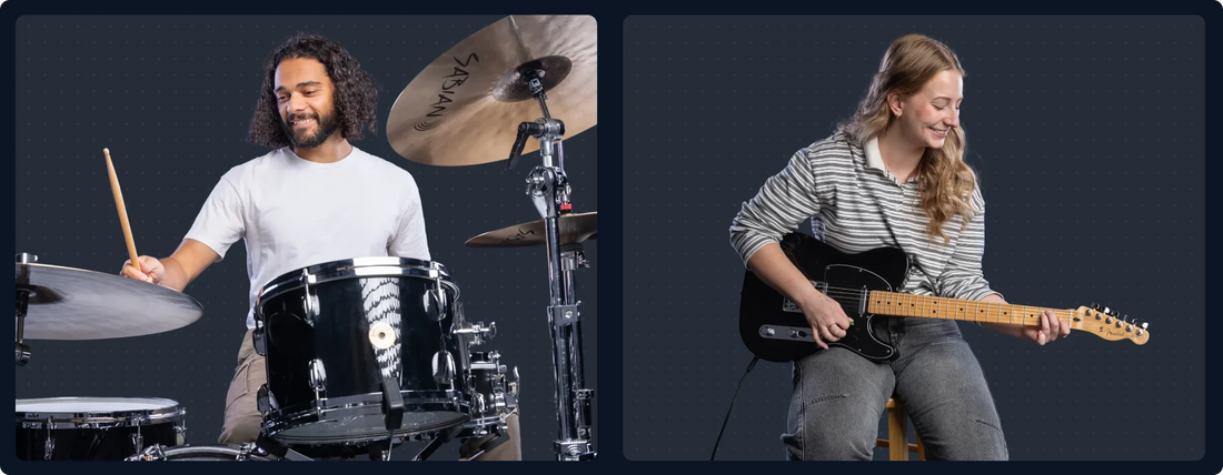 A split-screen lifestyle image showing two musicians: on the left, a man playing a black drum kit, and on the right, a woman playing a black electric guitar, both against a dark gray studio background.